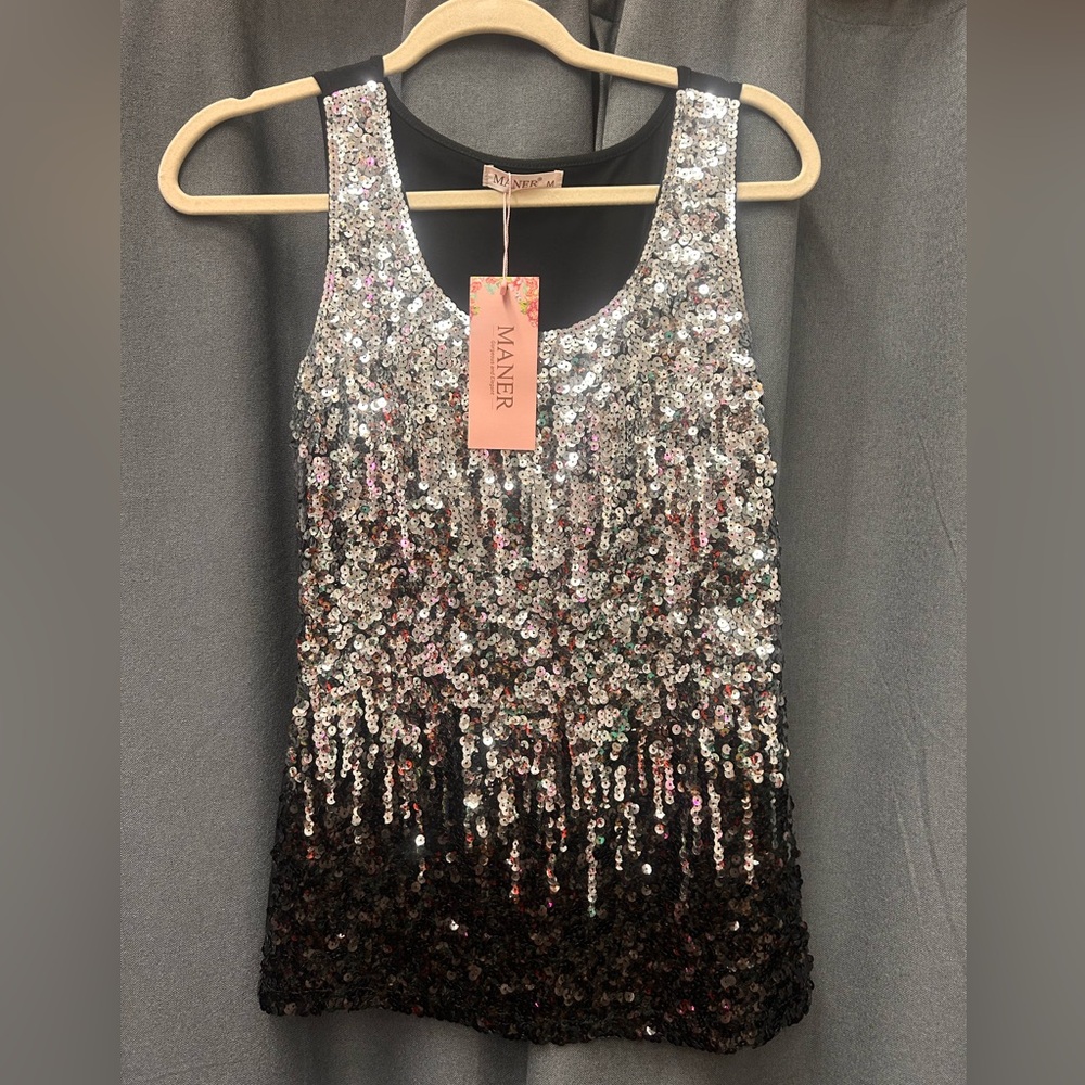 Women's Sequin Tank Top - Silver and Black